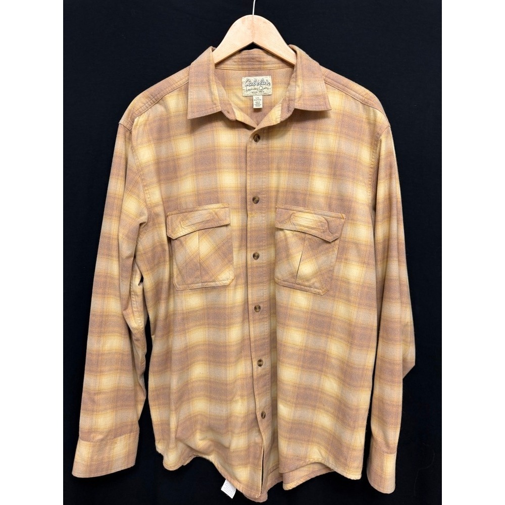Cabelas Legendary Quality Yellow Plaid Long Sleeve Button-Down Shirt Mens Large